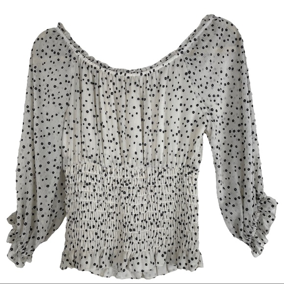 28) ANTHROPOLOGIE ivory Lucia Off-The-Shoulder Polka Dot Smocked Blouse sz S - Picture 3 of 4